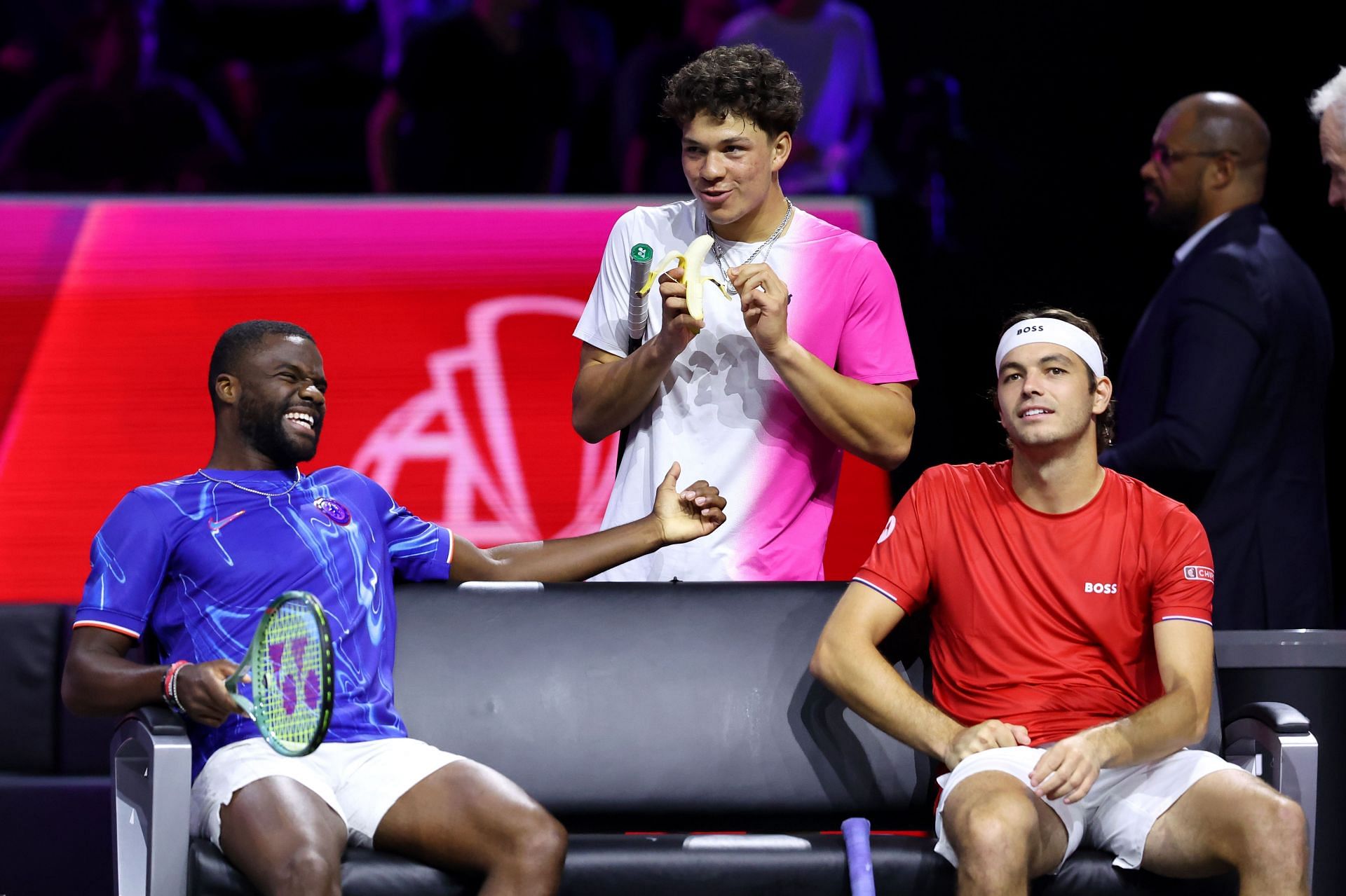 Taylor Fritz (R), Ben Shelton (M), and Frances Tiafoe (L) at the Laver Cup 2024 - Source: Getty